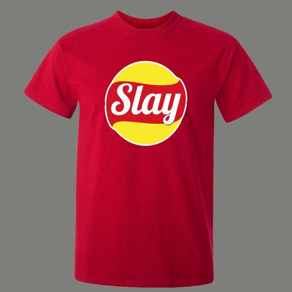SLAY CHIPS PARODY HUSTLE AND SLAY FUNNY ART SHIRT - Picture 2 of 2